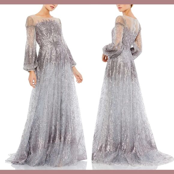 NWT $798 Mac Duggal [ 8 ]‎ Jewel Encrusted Illusion Long Sleeve A-Line Gown #j80 - Picture 1 of 16